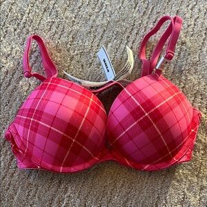 VICTORIA'S SECRET PINK Super Push-Up Bra VS Carmine Pink Red Plaid NWT